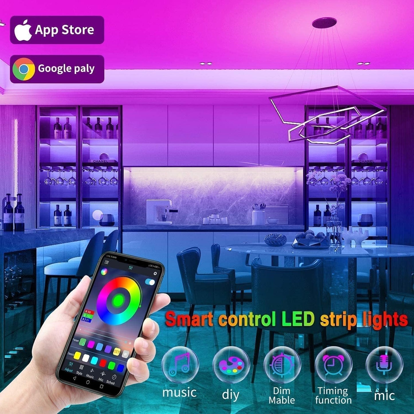 Led Lights 100ft(2 Rolls of 50ft) Smart APP Control Music Sync Led Strip Lights RGB Color Changing Led Lights Strips with Remote Led Lights for Bedroom Kitchen and Party