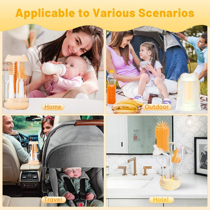 Baby Bottle Brush,Travel Bottle Cleaner Kit,Silicone Bottle Brush,Straw Cleaner Brush,Nipple Brush,Drying Rack-Baby Travel Essentials for Flying(Orange, Cylindrical)