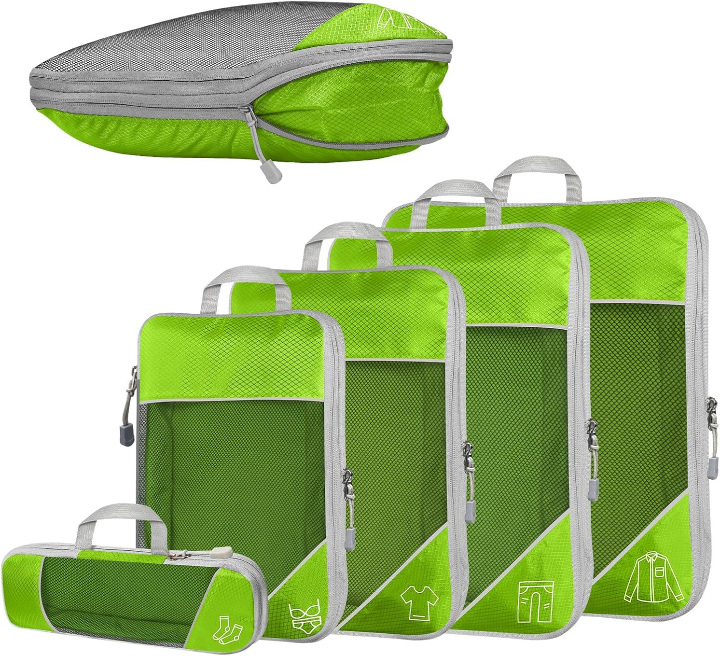 Pack of 5 Compressible Cubes for Travel, Compressible Cube for Luggage Organization, Ultralight, Storage Bag, Suitcase Organizer, Backpack and Suitcase (Green)