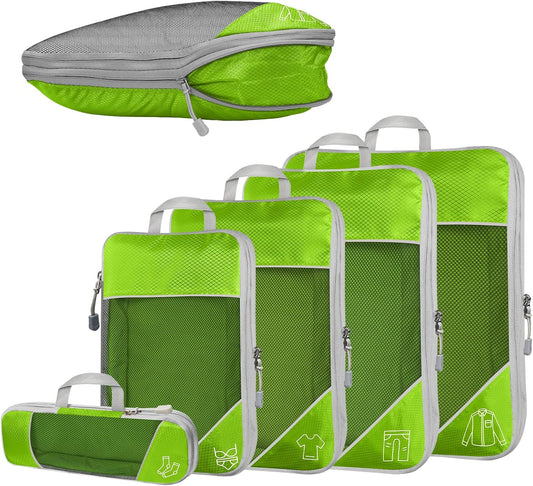 Pack of 5 Compressible Cubes for Travel, Compressible Cube for Luggage Organization, Ultralight, Storage Bag, Suitcase Organizer, Backpack and Suitcase (Green)