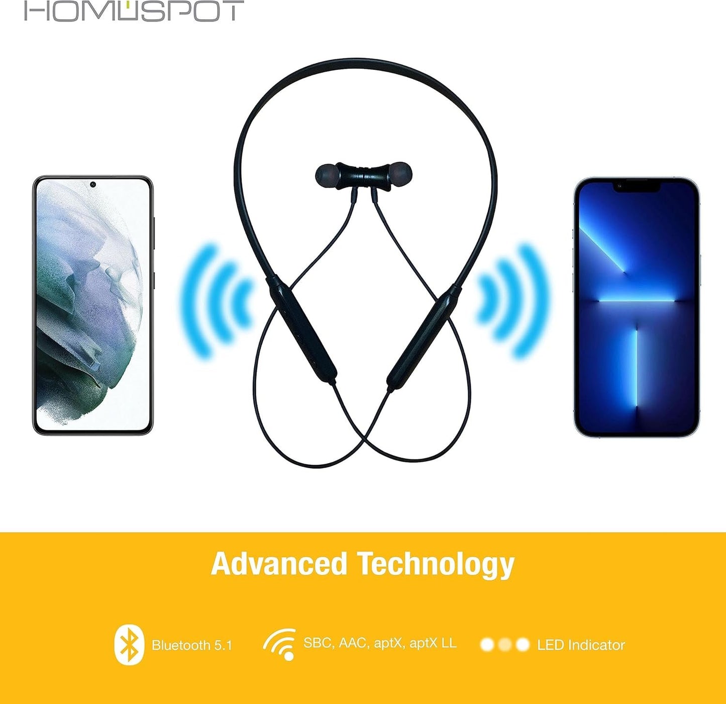 HomeSpot Neckband Wireless Earbuds aptX Low Latency Bluetooth 5.1 Headphones Qualcomm® CVC™ for Gym, Running, Gaming & Meeting Compatible with iPhone, Samsung Galaxy, Motorola, Google