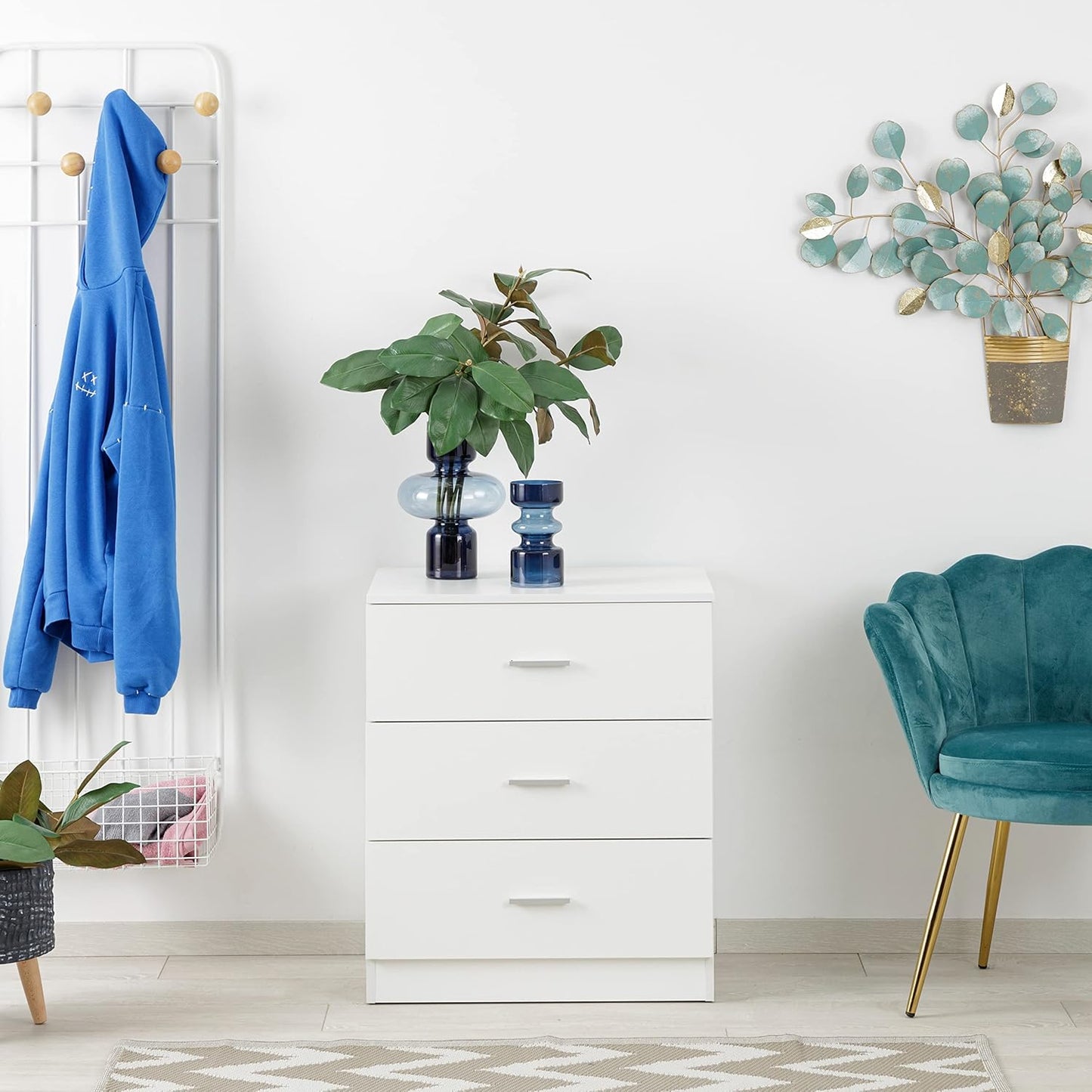 Baroni Home 3 Drawer Chest of Drawers in Melamine-Plated, Bedroom or Living Room, Modern White Furniture, 60 x 40 x 70 cm