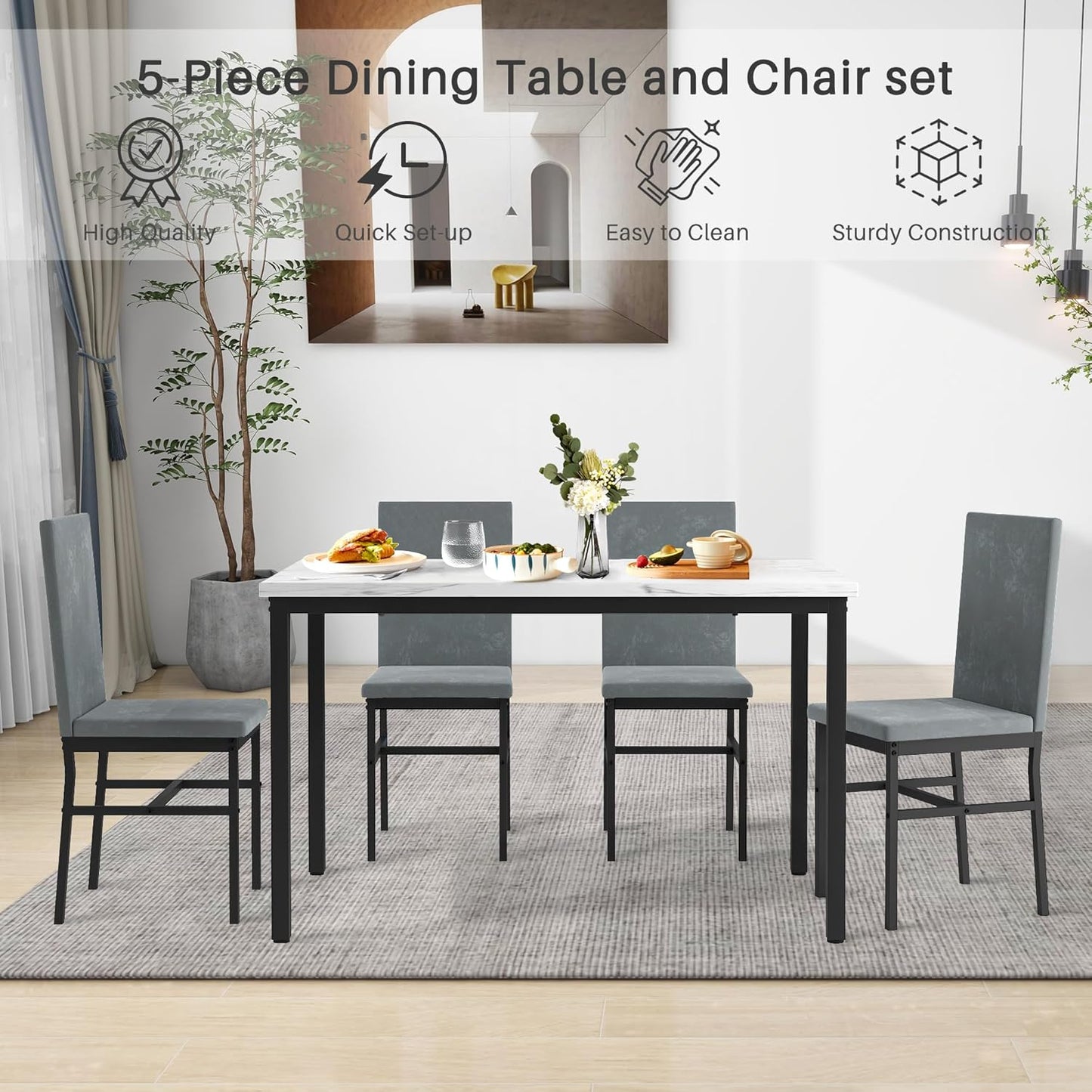 5 Piece DiningTable Set for 4, 47.2 Inch Modern Faux Marble Tabletop Dining Table Set, Kitchen Table Chairs Set with 4 Upholstered Velvet Chairs for Dining Room, Kitchen (Silver)