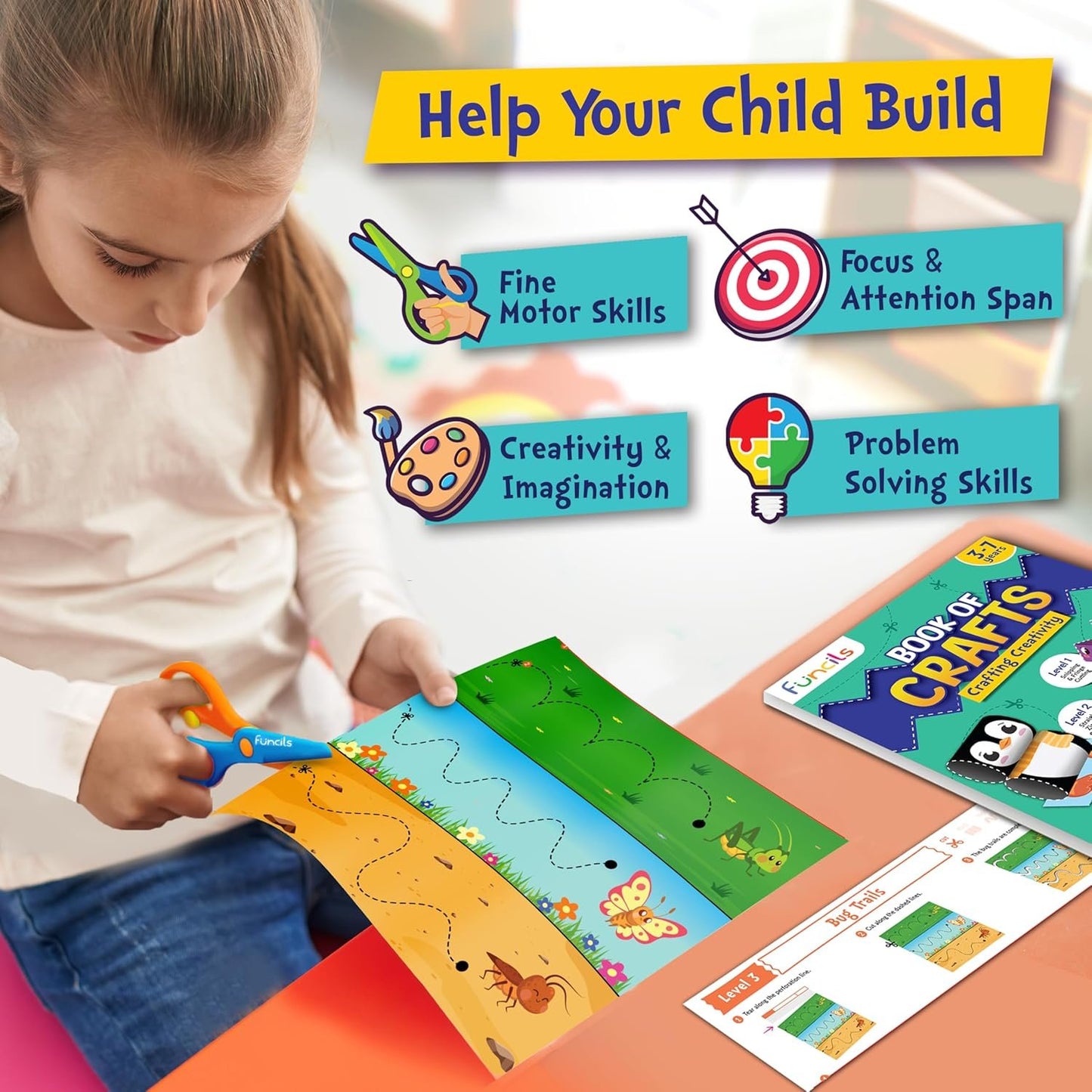 Funcils Toddler Scissor Skills - Art Supplies & Crafts Kit for Kids, Safety Scissors, Fine Motor Toys, Birthday Gifts for Boys & Girls Ages 3, 4, 5, 6, 7 Year Old, Preschool Learning Activities Books