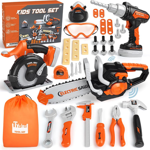 Kids Tool Set - Pretend Play Construction Toys for 3 4 5 Year Old Boy Gifts, Preschool Learning Tool Set with Electronic Drill/Chainsaw Toy/Circular Saw Toys, Toddler Take Apart Stem Toys for Kid 3-5