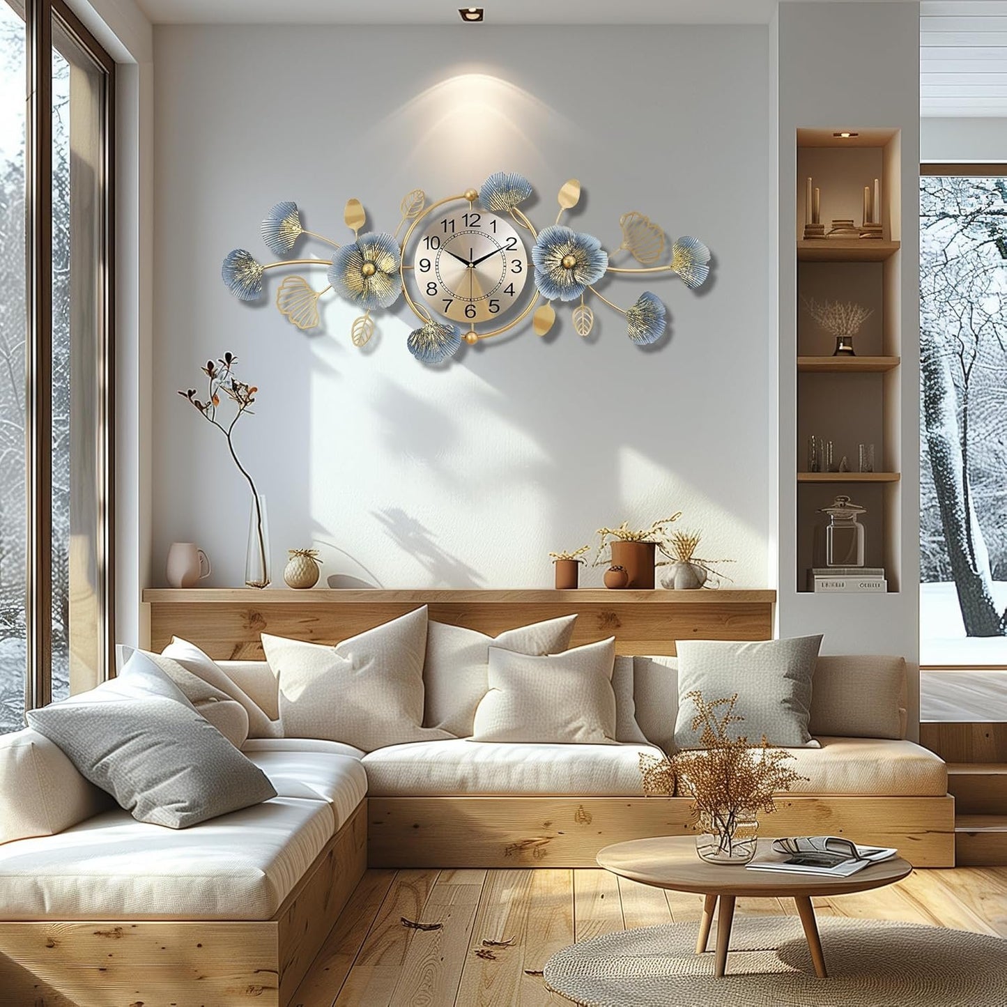 Lafocuse 37x14 Inch Silent Metal Modern Ginkgo Leaf Wall Clock for Living Room, Blue and Gold Large Wall Clock for Home Decor, Horloge Murale Decorative for Dinning Room Bedroom Office Kitchen