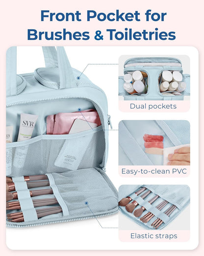 BAGSMART Travel Toiletry Bag, Lightweight Large Wide-Open Travel Bag for Women, Puffy Cosmetic Makeup Bag Organizer with Handle for Accessories,Essentials, Toiletries, Blue