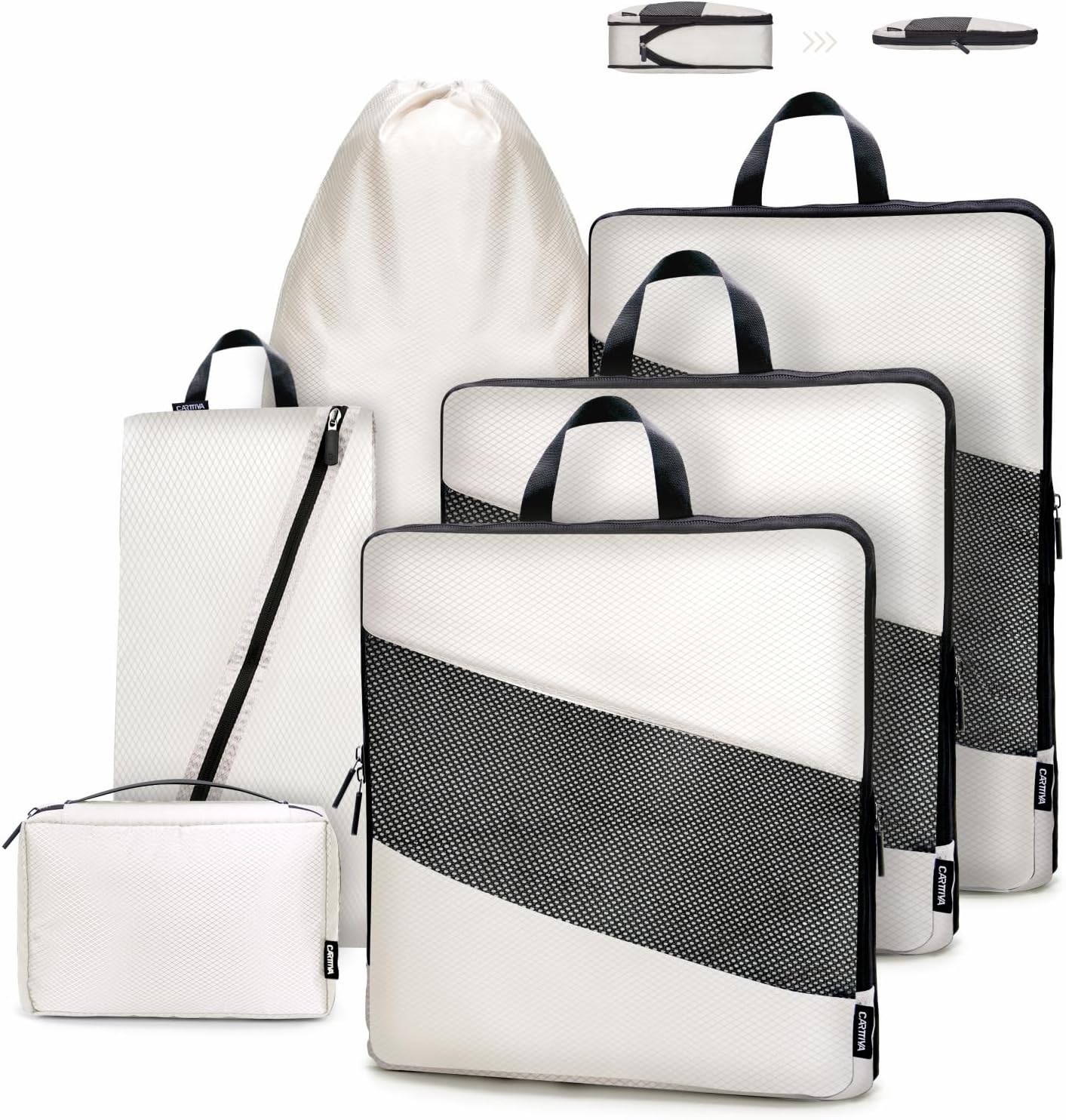 Carttiya Space-Saving Travel Suitcase Organizer Set, Waterproof Expandable Ultralight Compression Packing Cubes, Travel Suitcase Organizers, Travel Backpack Organizer, Cream White, 6 Pieces
