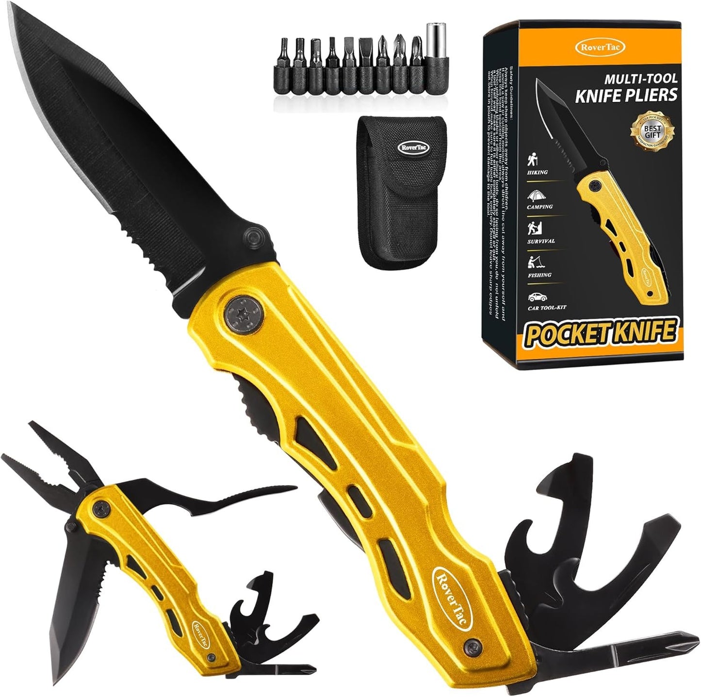 RoverTac 15-in-1 Multitool Knife – Gifts for Men, Dad, Husband – Folding Knife with Screwdrivers, Pliers, Saw – Camping Gear for Hiking, Survival, DIY, Great for Valentine, Birthdays, Father’s Day