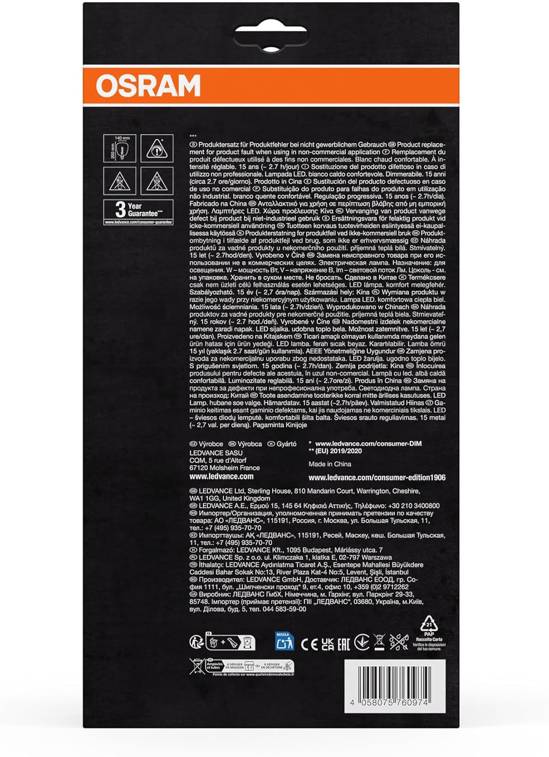 OSRAM LED Vintage 1906 Smoked Glass 4.5W 150lm Globe Shape 140mm Diameter E27 Warm White Linear Filament Dimmable Up To 15,000 Hours Life