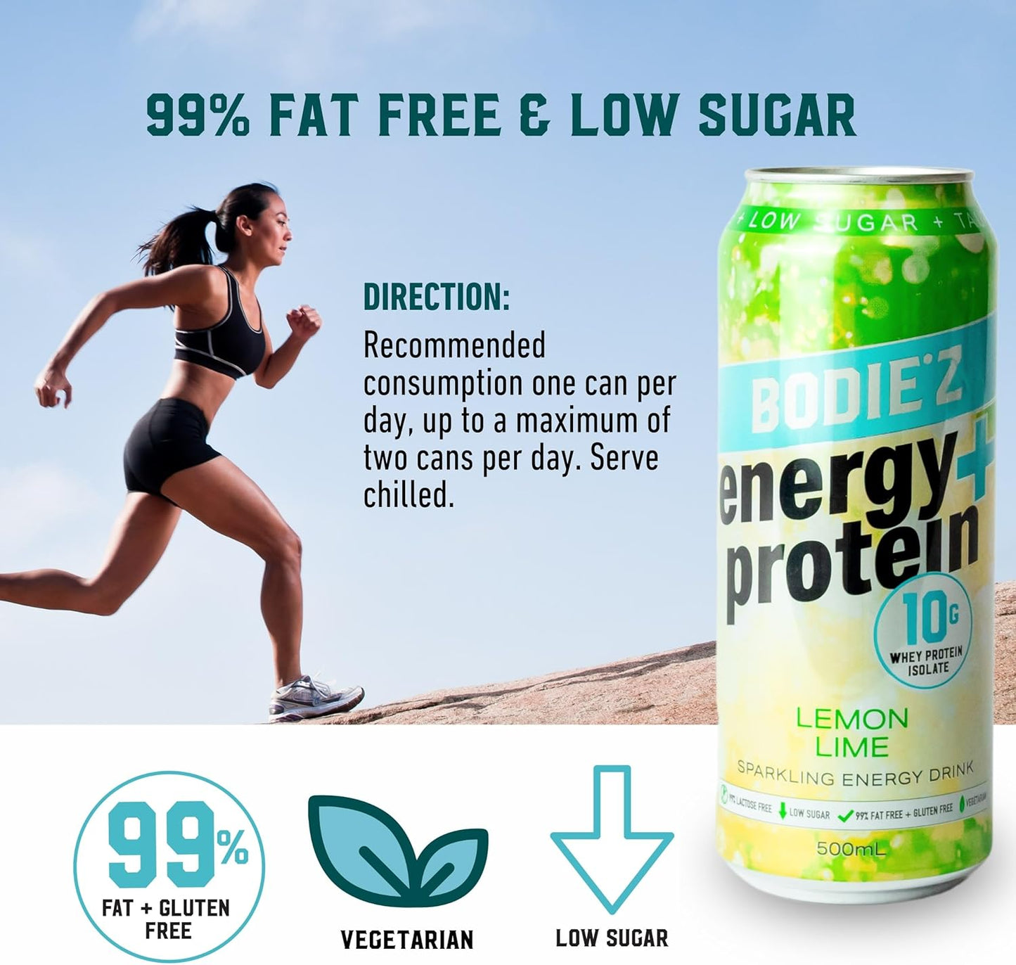 BODIE’Z Whey Protein Energy Drink - 10g Protein Powder Water with 200mg Taurine and 160mg Caffeine For Focus and Performance, Low Sugar Clear Protein Water, 500ml Lemon Lime 6 Pack