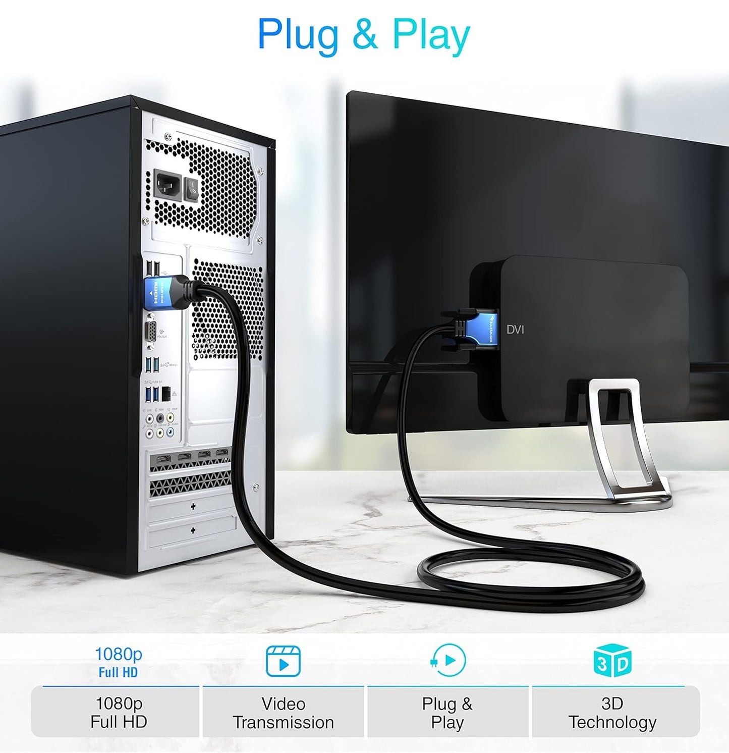 BlueRigger HDMI to DVI Cable (6FT/2M, High-Speed Bi-Directional Adapter Male to Male, DVI-D 24+1, 1080p, Aluminium Shell) - Compatible for Raspberry Pi, Roku, Xbox One,PS5/PS4, Graphics Card