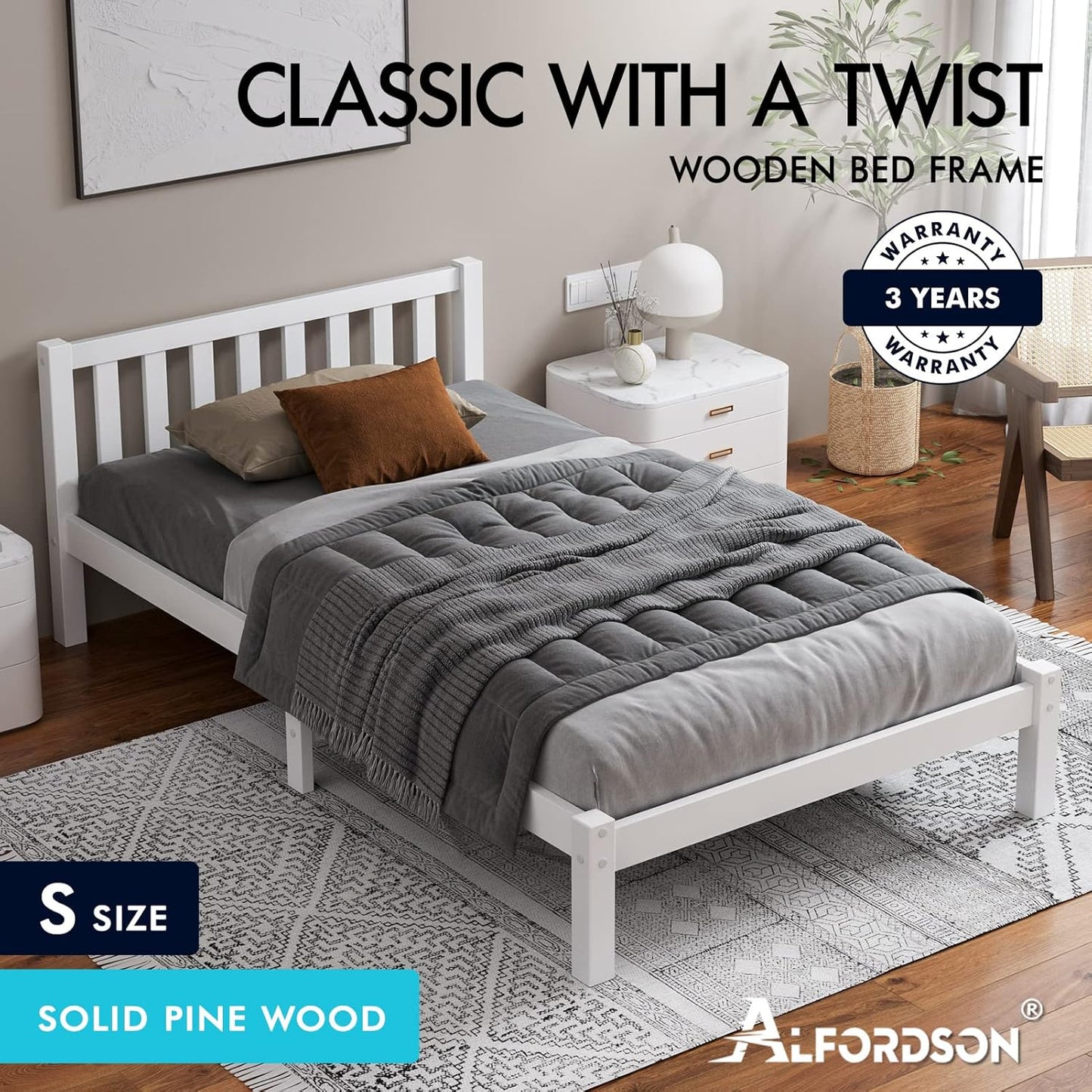 ALFORDSON Bed Frame Single Size Wooden Bed Base with Solid Wood Pine Timber Slats, Mattress Base Platform Support, White Bed Foundation with Storage Space, Fenella Series Home Bedroom Furniture