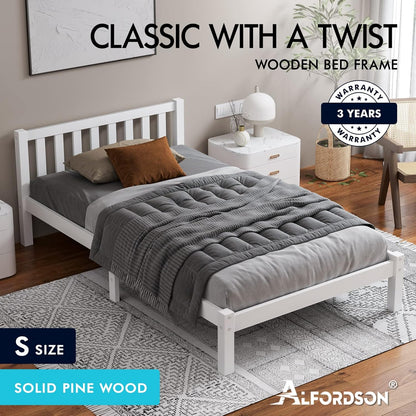ALFORDSON Bed Frame Single Size Wooden Bed Base with Solid Wood Pine Timber Slats, Mattress Base Platform Support, White Bed Foundation with Storage Space, Fenella Series Home Bedroom Furniture
