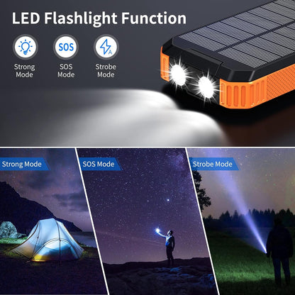 Solar Power Bank 30000mAh, Wireless Portable Solar Charger Fast Charging Power Bank, Solar Phone Charger with 3 Cables & LED Flashlights, Compatible with Smartphones, Tablets