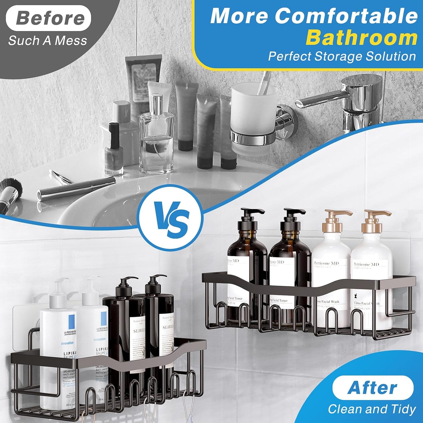 5-Pack Rustproof Stainless Steel Shower Caddy – No Drill Adhesive Bathroom Organizer with Large Capacity, Spacious Shower Shelves for Inside Shower, Kitchen & Home Decor Storage