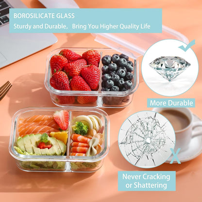 Bayco 10 Pack Glass Meal Prep Containers 2 Compartment, Glass Food Storage Containers with Lids, Airtight Glass Lunch Bento Boxes, Leak Proof (10 lids & 10 Containers)