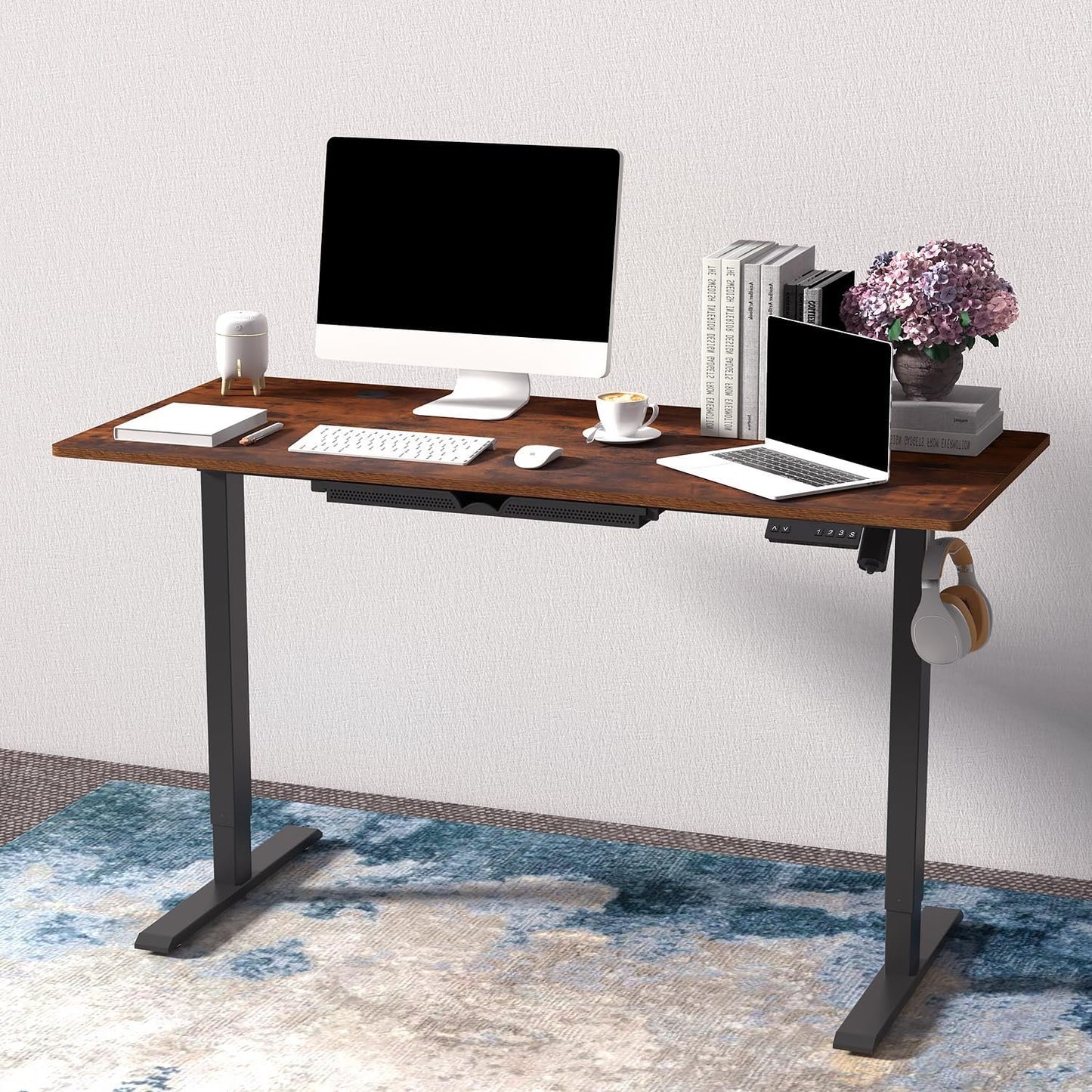 Anshine 140 x 60cm Electric Standing Desk, Height Adjustable Sit-Stand Desk for Home Office, Ergonomic Workstation for Comfort and Productivity, Ideal for Sitting or Standing (Walnut Top Black Legs)
