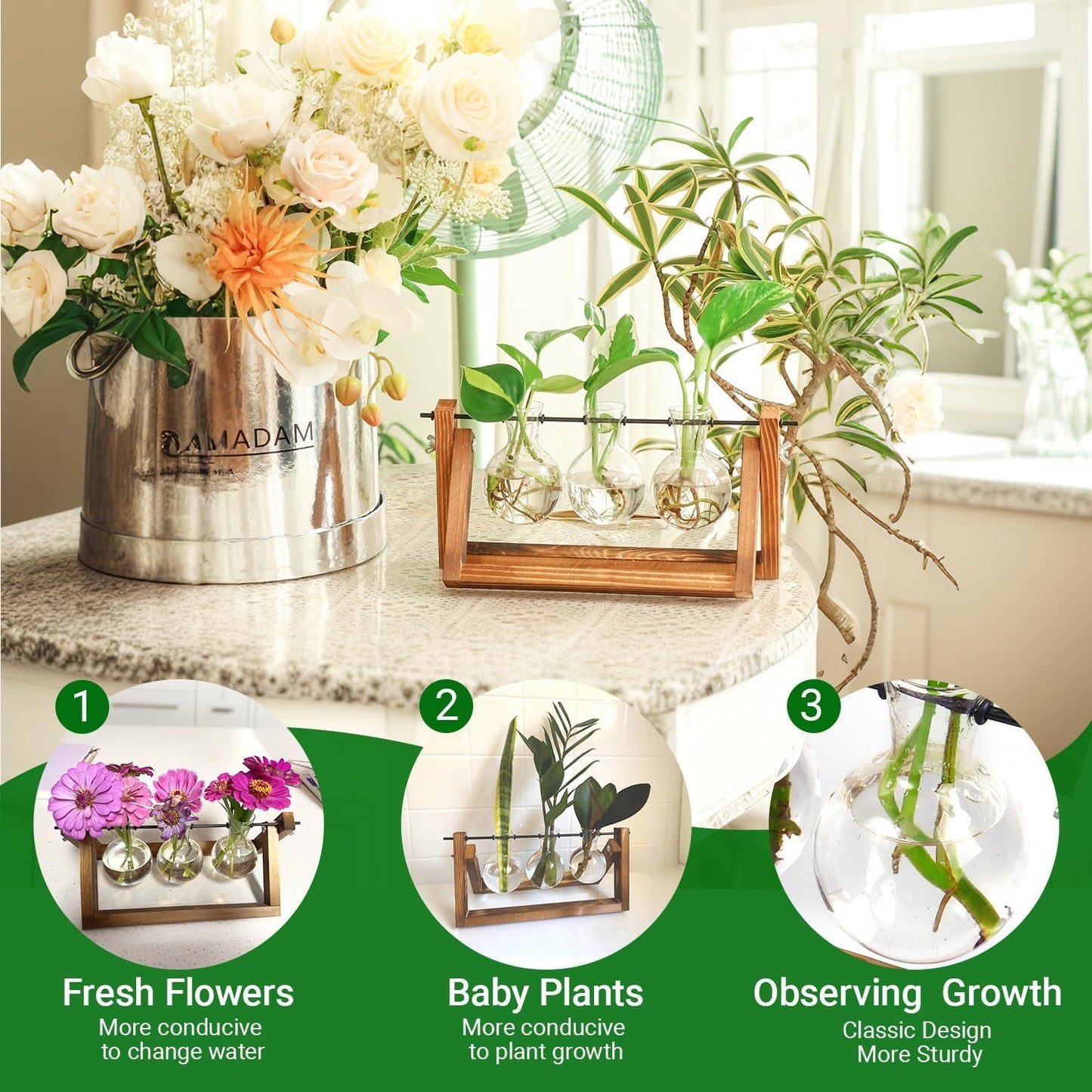 Ivolador Desktop Glass Plants Terrariums Bulb Vase with Retro Solid Wooden Stand and Metal Swivel Holder for Hydroponics Plants Home Garden Wedding Decor Indoor Outdoor (3 Bulb Vase)