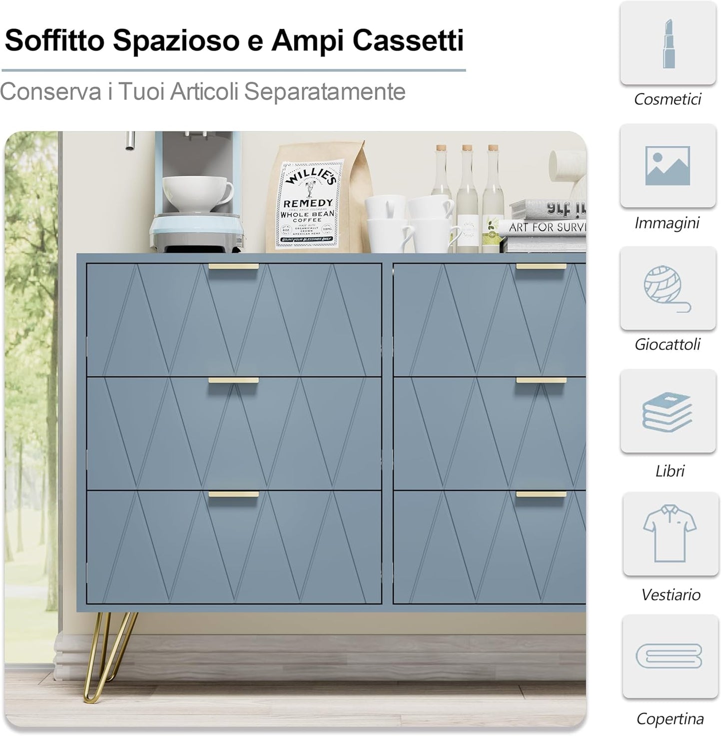 UEV Chest of 6 Drawers, Wooden Chest of Drawers, Space-Saving Chest of Drawers for Bedroom, Living Room, 100 x 34 x 73 cm, Blue Grey