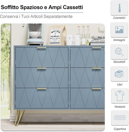 UEV Chest of 6 Drawers, Wooden Chest of Drawers, Space-Saving Chest of Drawers for Bedroom, Living Room, 100 x 34 x 73 cm, Blue Grey