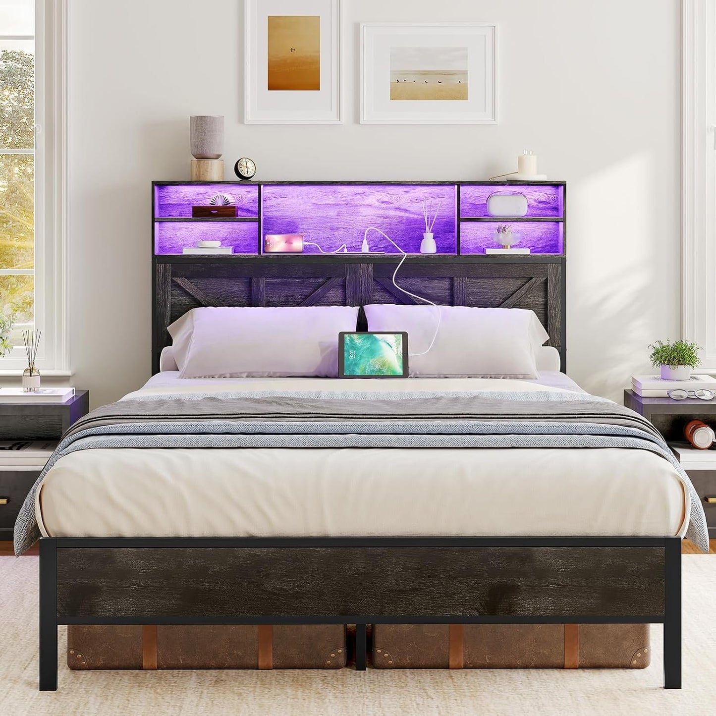 HOOBRO Full Bed Frame with Charging Station, LED Bed Frame with Tall Storage Headboard, Strong Wood Slats, No Box Spring Needed, Noise-Free, Charcoal Gray and Black BC05UDBF01