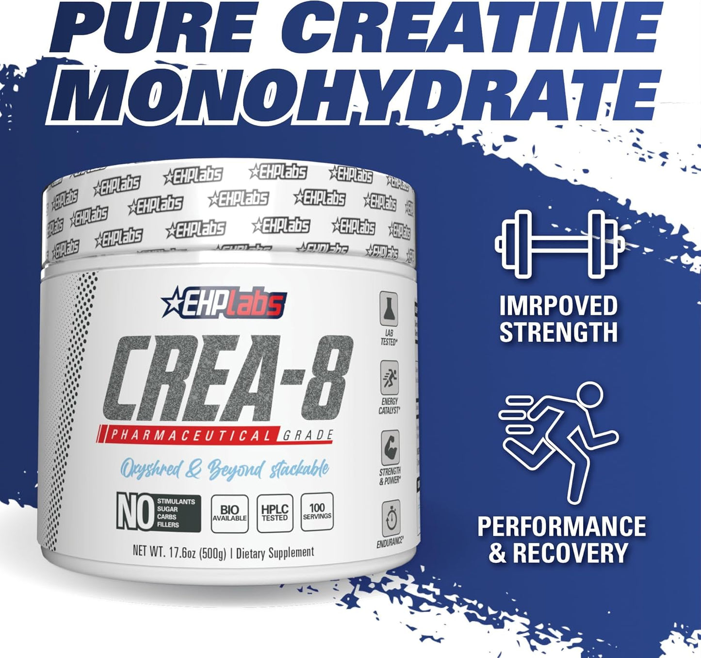EHPlabs CREA-8 Creatine Monohydrate Powder - Creatine Powder for Building Lean Muscle Mass, Improves Strength & Power, Supports Brain Health - 100 Servings (500g)