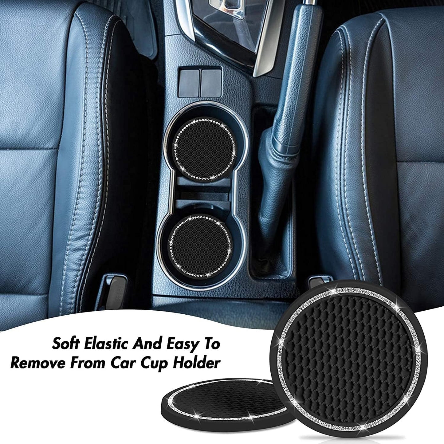 Car Cup Coaster, Push Start Button Bling, Interior Accessories 2.75 Inches Crystal Rhinestone Anti-Slip Vehicle Coaster for Cars, Trucks & RVs (Black, 2Pcs + Bling 1Pcs)