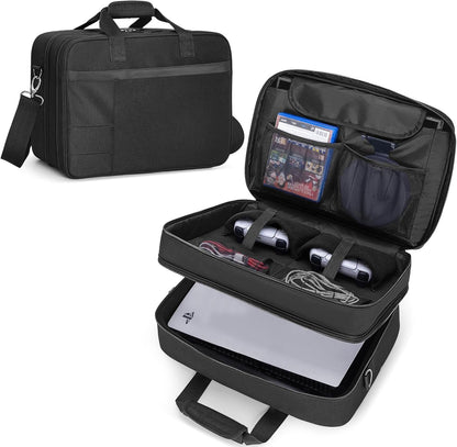 CURMIO Game Console Carrying Case Compatible with PS5/ PS5 Slim/ PS4 Game Console, Travel Console Storage Bag Case with Multiple Pockets for Laptop (Up to 15.6''), Controller, Gaming Accessories