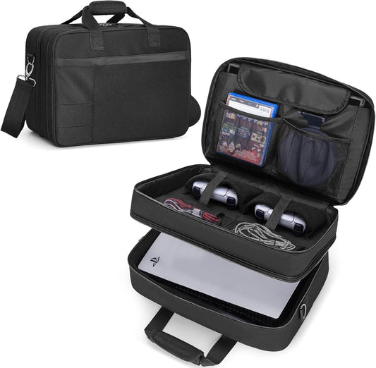 CURMIO Game Console Carrying Case Compatible with PS5/ PS5 Slim/ PS4 Game Console, Travel Console Storage Bag Case with Multiple Pockets for Laptop (Up to 15.6''), Controller, Gaming Accessories
