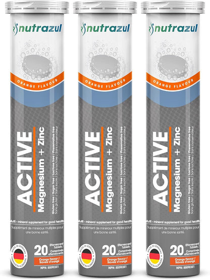 Nutrazul ACTIVE Magnesium and Zinc Effervescent Tablets | 60 Tablets | Magnesium Supplements for Muscle Recovery & Electrolyte Balance | Orange Flavor