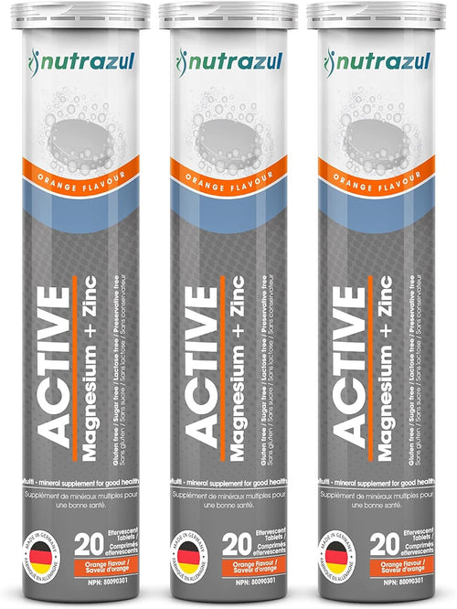Nutrazul ACTIVE Magnesium and Zinc Effervescent Tablets | 60 Tablets | Magnesium Supplements for Muscle Recovery & Electrolyte Balance | Orange Flavor