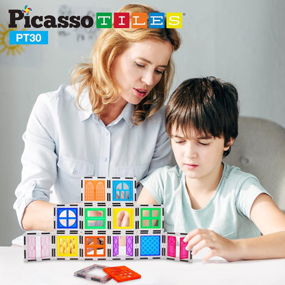 PicassoTiles 30 Piece Window and Door Clip On Magnetic Blocks Magnet Tiles Magnets Building Tile Construction Toy Set STEM Education Toys Learning Kit Stacking Block Playset Boys & Girls Age 3+ PT30