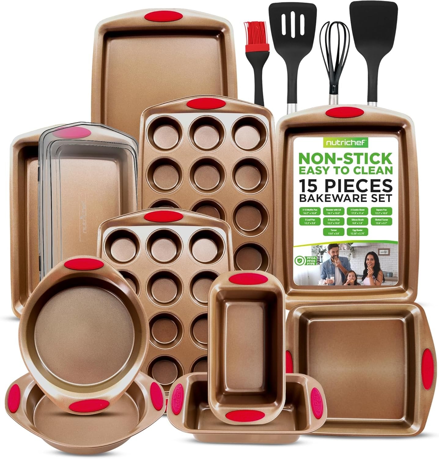 NutriChef 15-Piece Non-Stick Baking Pan Set - Durable Carbon Steel Bakeware Set with Loaf & Muffin Pans, Square & Round Cake Pans, Roaster Pan with Lid, Cookie Sheet, & Nylon Utensils