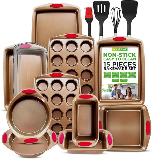 NutriChef 15-Piece Non-Stick Baking Pan Set - Durable Carbon Steel Bakeware Set with Loaf & Muffin Pans, Square & Round Cake Pans, Roaster Pan with Lid, Cookie Sheet, & Nylon Utensils
