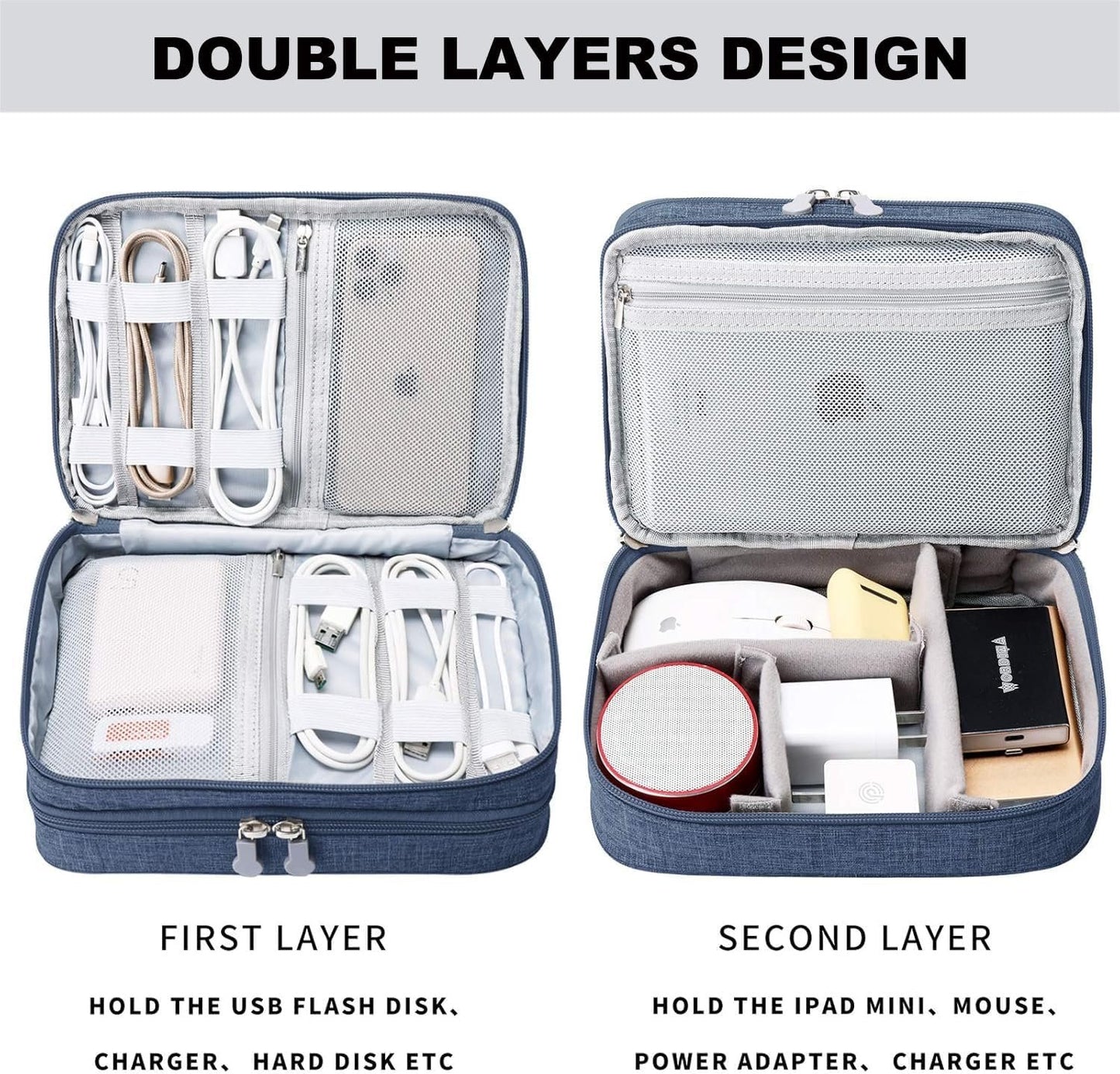 Travel Cable Organizer Bag, Electronic Accessories Case Portable Double Layer Cable Storage Bag for Cord,Phone,Charger, Flash Drive, Phone, SD Card,Personal Items (Dark Blue)