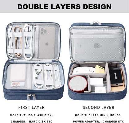 Travel Cable Organizer Bag, Electronic Accessories Case Portable Double Layer Cable Storage Bag for Cord,Phone,Charger, Flash Drive, Phone, SD Card,Personal Items (Dark Blue)