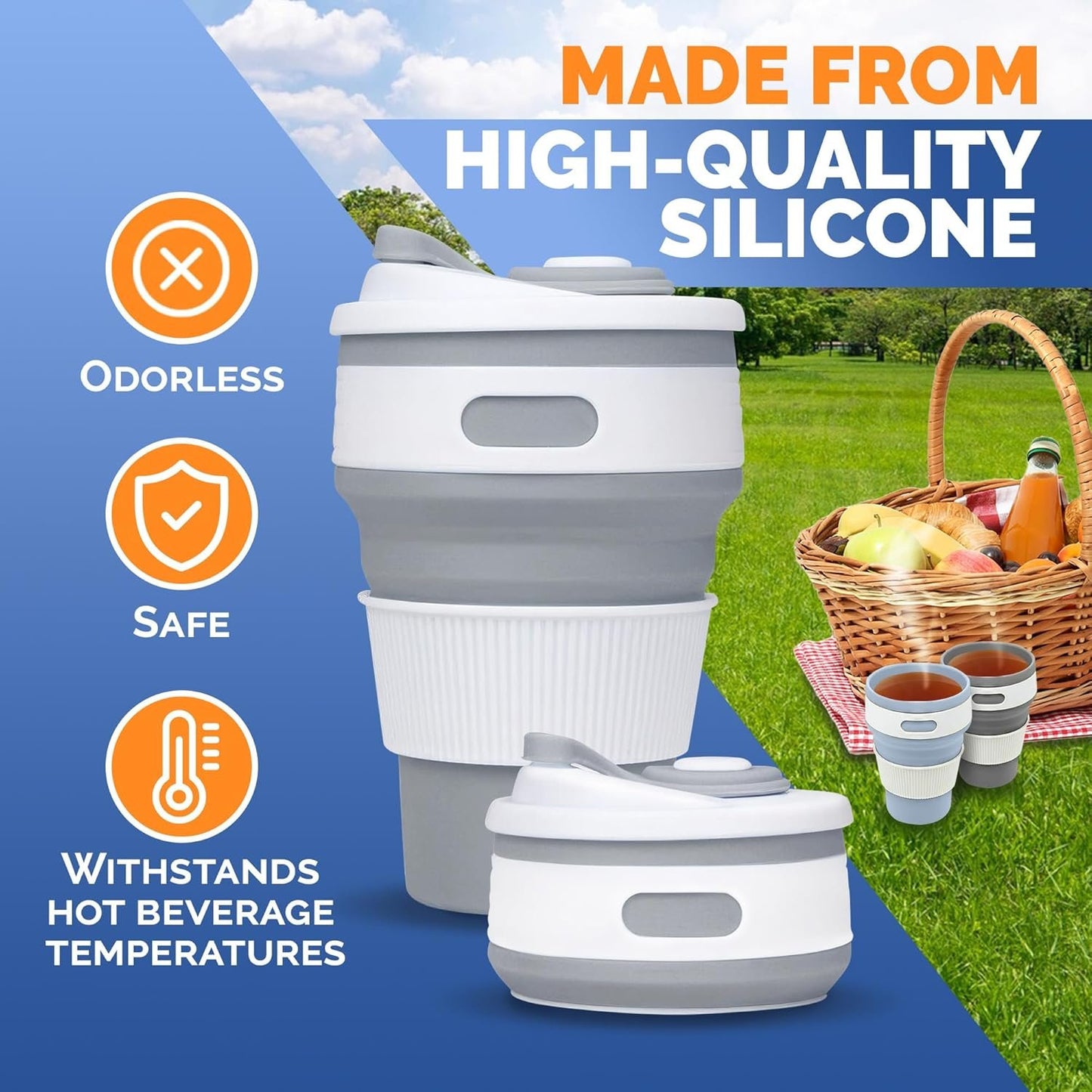 2-Pack Collapsible Coffee Cup Reusable â€“ 12oz Leakproof Travel Coffee Mug, Silicone, Foldable & Portable for Hiking, Camping, Office | Lightweight, Heat-Resistant, Easy to Clean, Outdoor & Travel Cup