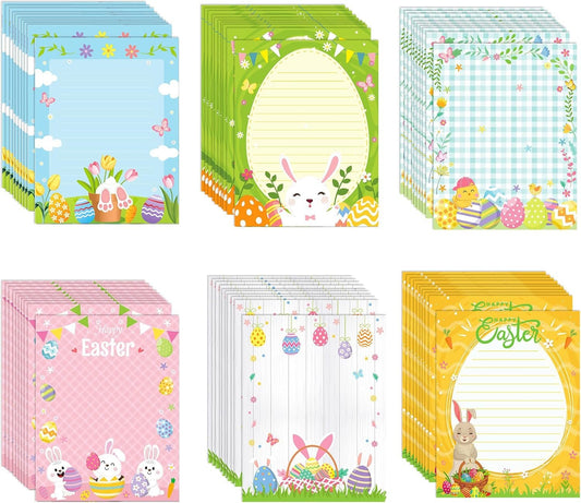 GLKTOPO 60 Sheets Easter Stationery Paper, 8.5" x 11" Double Sided Holiday Letterhead, Multicolor Bunny Egg Pattern Writing Paper for Notes Cards Invitation Scrapbook Crafts to Do List - 6 Design