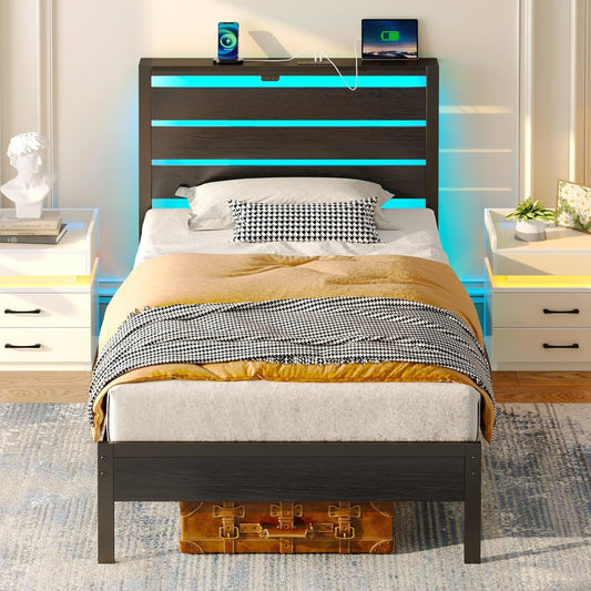 Rolanstar Bed Frame Twin Size with USB Charging Station, LED Bed Frame with Wood Storage Headboard, Black Single Metal Platform Bed with Under Bed Storage, No Box Spring Needed, Noise Free