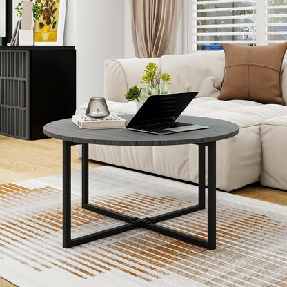 Diolong Round Coffee Table Center Table Living Room Side Table Dining Table with Metal Frame Small Coffee Tables for Small Spaces, Grey Oak