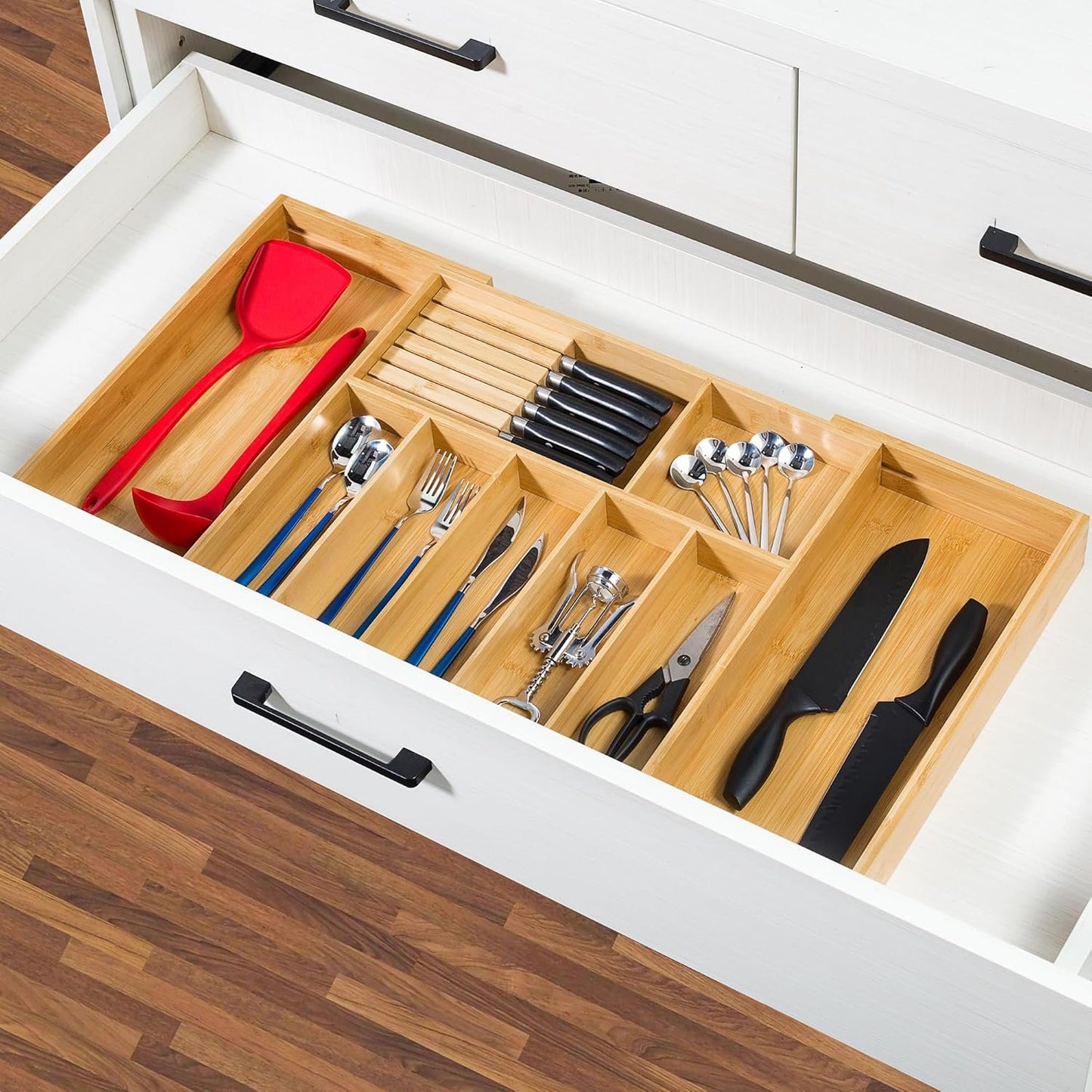 VaeFae Extra Large Bamboo Cutlery Drawer Organizer, Expandable Kitchen Utensil Organizer with Knife Block, Multifunctional Wooden Drawer Divider