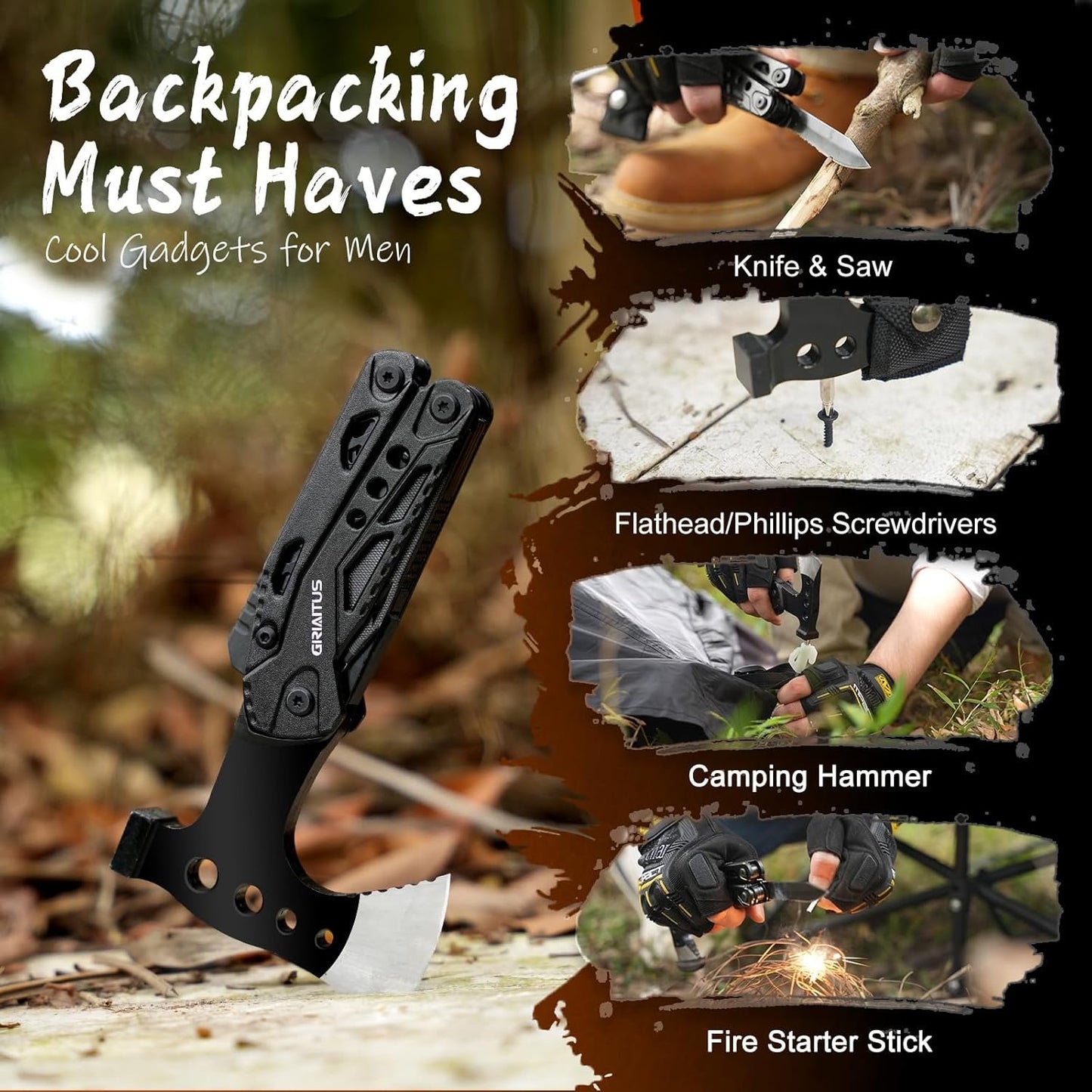 Camping Multitool Accessories Gifts for Men Dad 16 in 1 Upgraded Multi Tool Survival Gear with Axe Hammer Pliers Saw Screwdrivers Bottle Opener Whistle & Portable Sheath for Hiking,Fishing