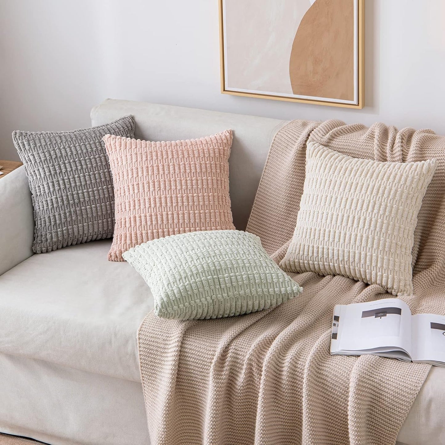 MIULEE Pack of 2 Corduroy Throw Pillow Covers Soft Decorative Boho Striped Cushion Covers Farmhouse Home Decor Pillowcase for Spring Sofa Living Room Couch Bed 18x18 Inch Cream White