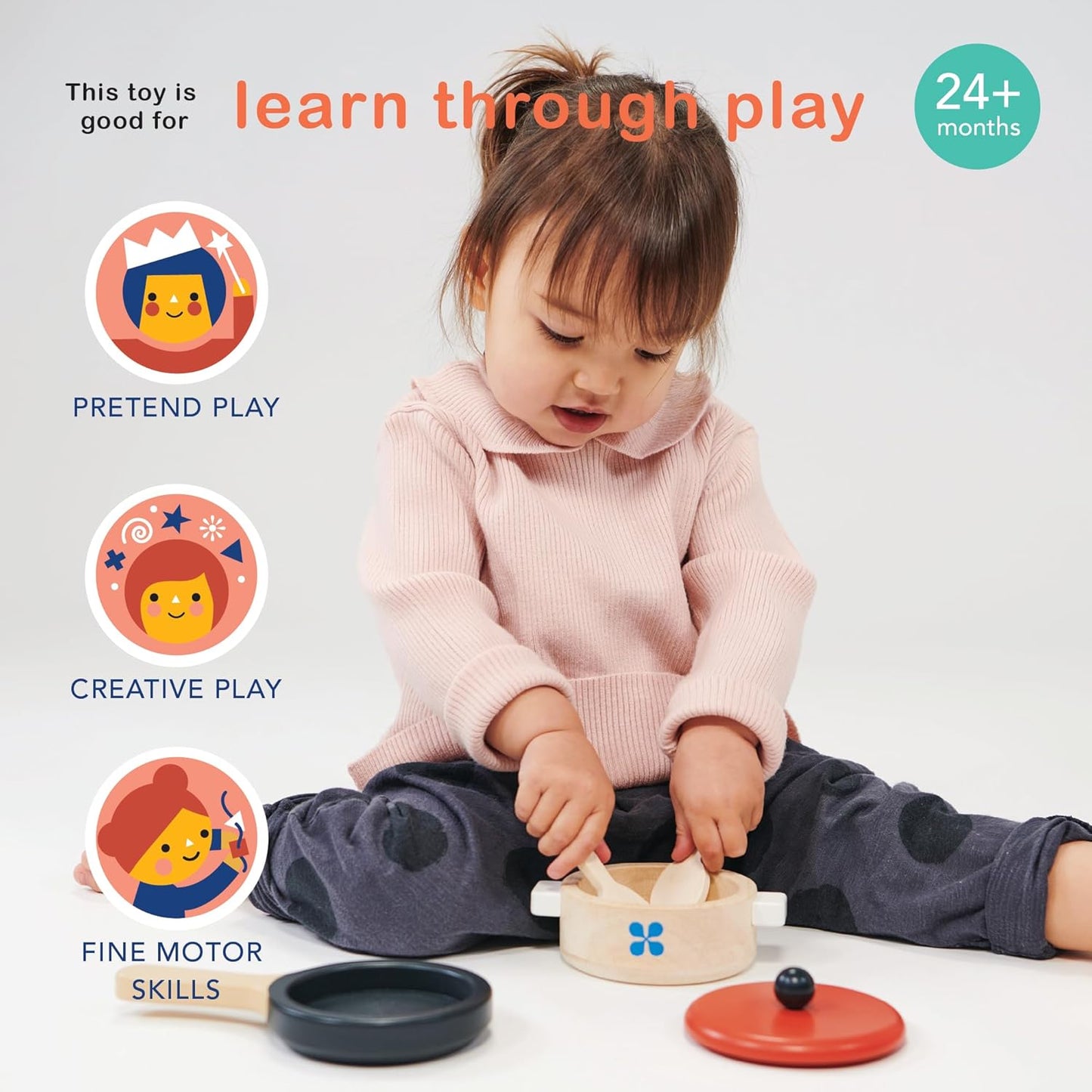 Mentari Wooden Toy Play Kitchen Accessories - Whimsical Toy Kitchen Play Set Featuring Casserole Pot, Pan, & Utensils, Perfect for Creative Storytelling and Immersive Pretend Play! Age 2Y and Up