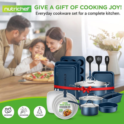 NutriChef 20-Piece Nonstick Cookware & Bakeware Set, PTFE/PFOA/PFOS-Free, Heat-Resistant Silicone Handles, Includes Saucepan, Frying Pans, Oven Pot, Lids & Utensils, Blue