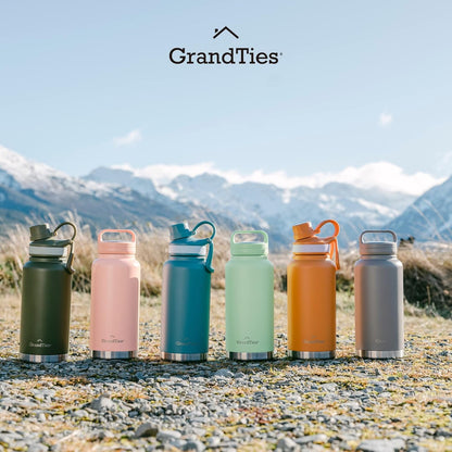 GrandTies 2 Lids Sports Stainless Steel Water Bottle– 32oz, Reusable Wide Mouth Vacuum Insulated Water Bottles, Travel Metal Canteen, Coldest Water Bottle for Men and Women–Olive Green