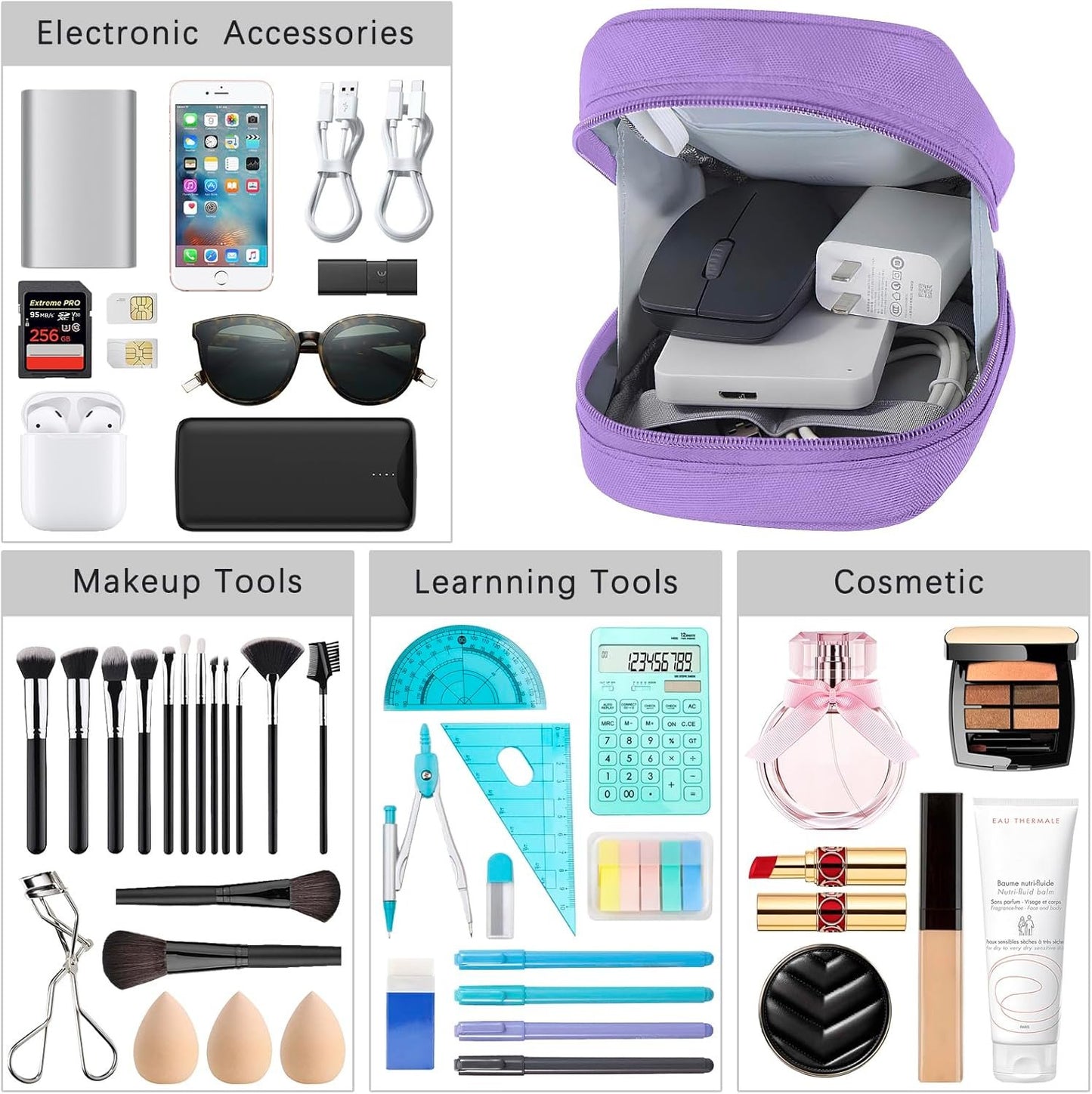 JINSI Portable Electronics Travel Organizer Cable Organizer Bag for Charger, Cords, Cables, Power Bank, Earphones, Pouch Tech Pouch Carry Storage Case Bag, Purple