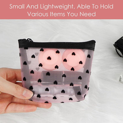 Adorila Mesh Makeup Bags, Heart Print Zipper Mesh Storage Pouch, Travel Cosmetic Accessories Organizer for Women, mini-set of 6