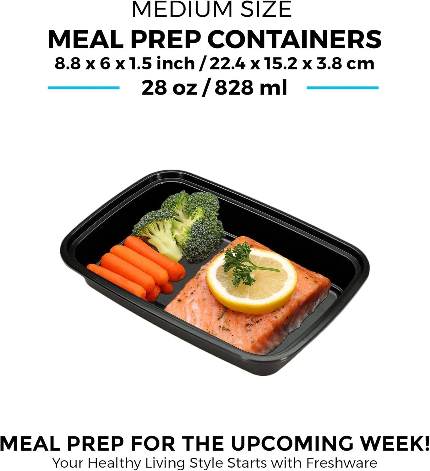 Freshware Meal Prep Containers [15 Pack] 1 Compartment Food Storage Containers with Lids, Bento Box, BPA Free, Stackable, Microwave/Dishwasher/Freezer Safe (28 oz) Black